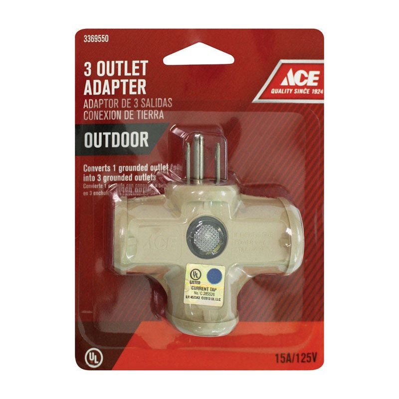 Ace Grounded Triple Outlet Adapter Beige 15 amps 125 volts 1 pk