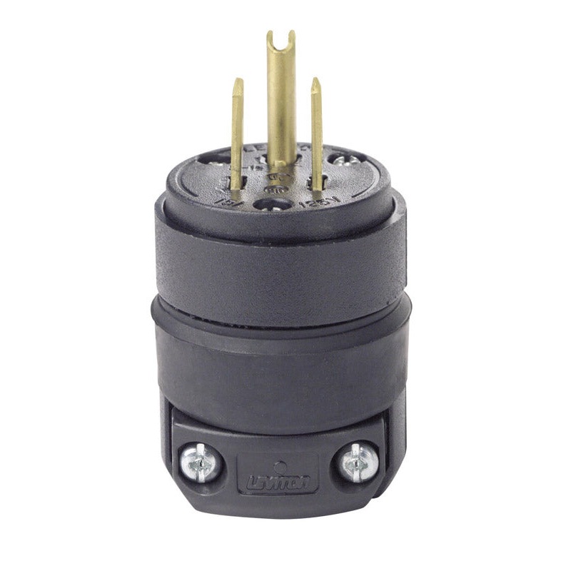 Leviton Commercial Rubber Straight Blade Rubber Plug 5-15P 18-12 AWG 2 Pole, 3 Wire Black
