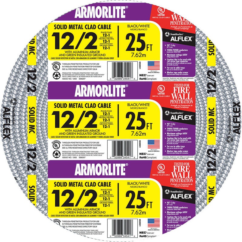 Southwire 25 ft. 12/2 Aluminum Armored MC Cable Black/White/Green