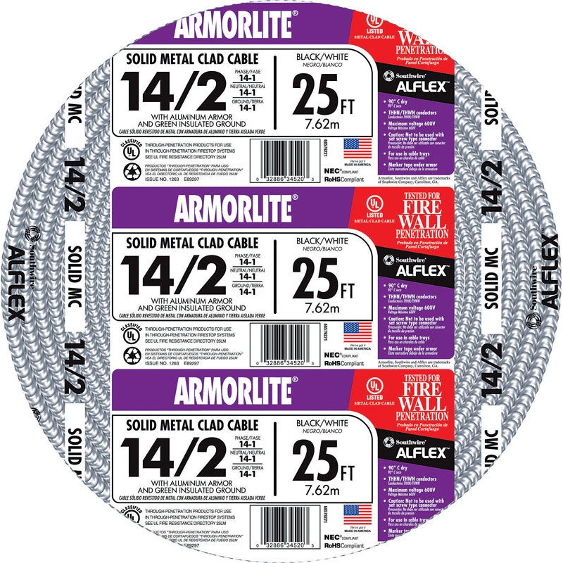 Southwire 25 ft. 14/2 Aluminum Armored MC Cable Black/White/Green
