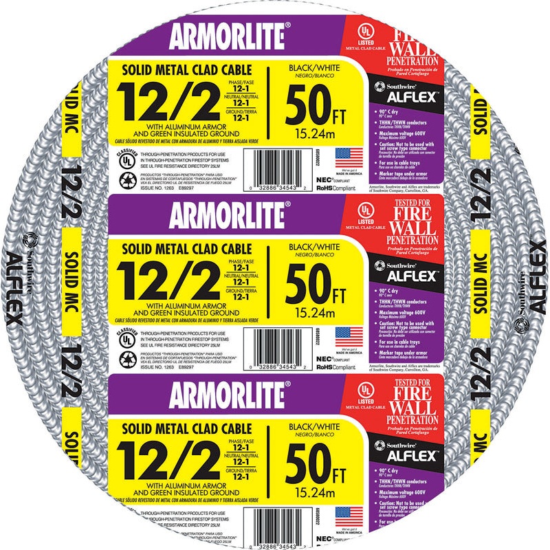Southwire 50 ft. 12/2 Aluminum Armored MC Cable Black/White/Green