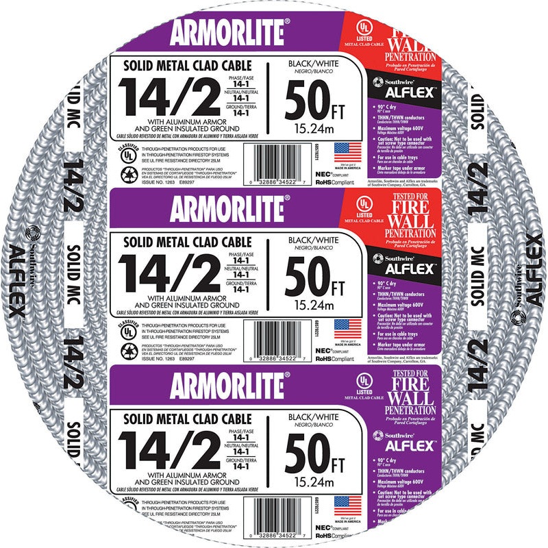 Southwire Armorlite 50 ft. 14/2 Aluminum Armored MC Cable Black/White/Green