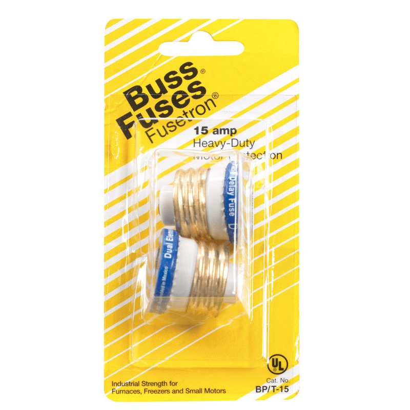 Bussmann T-Type Plug 15 amps 125 volts 1.16 in. Dia. x 1.25 in. L 2 pk For Small Motor Overload Pr