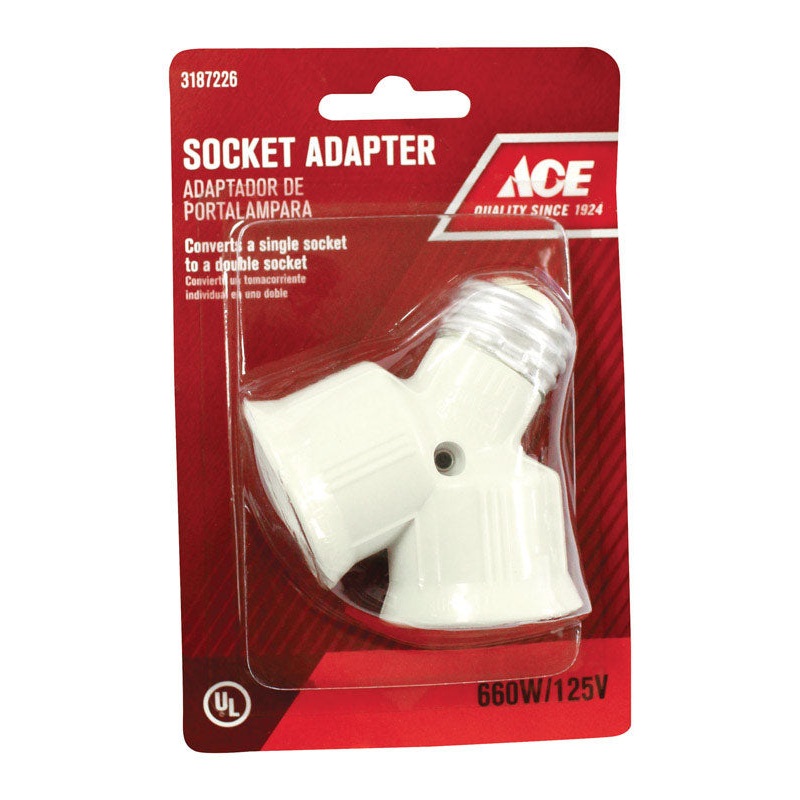 Ace Twin Light Socket Adapter 660 watts 125 volts Medium White
