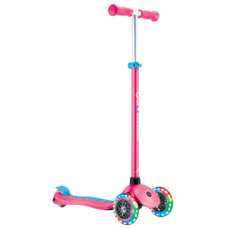 Globber Primo PLUS with LIGHTS 3 Wheel Scooter – Fuchsia Pink / Sky Blue