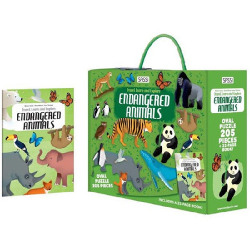 Sassi Travel, Learn and Explore – Puzzle and Book Set – Endangered Animals, 205 pcs