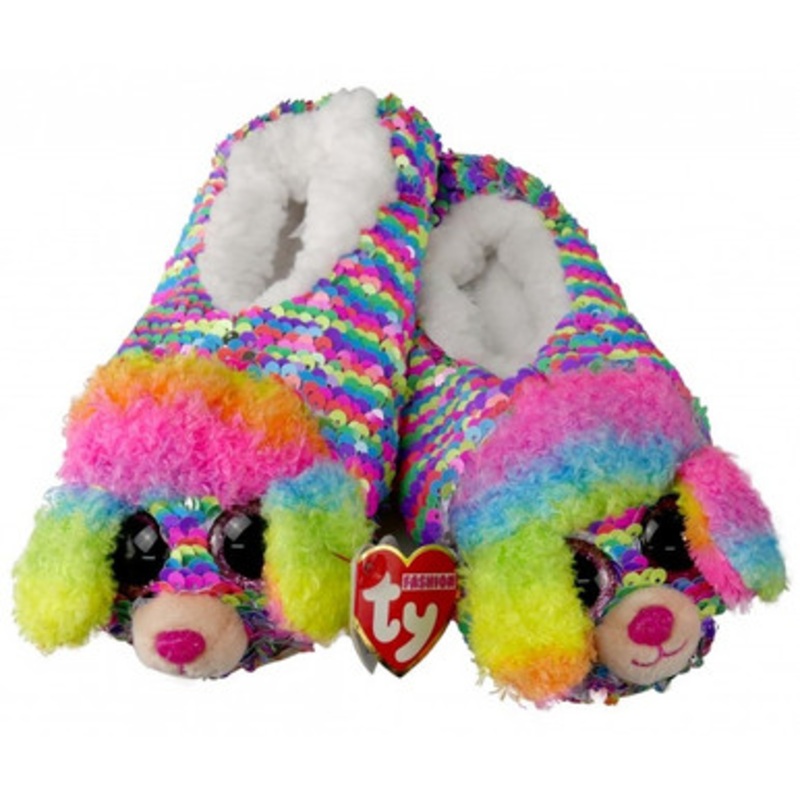 TY Fashion- The Multicoloured Rainbow Poodle Sequin Slippers Medium
