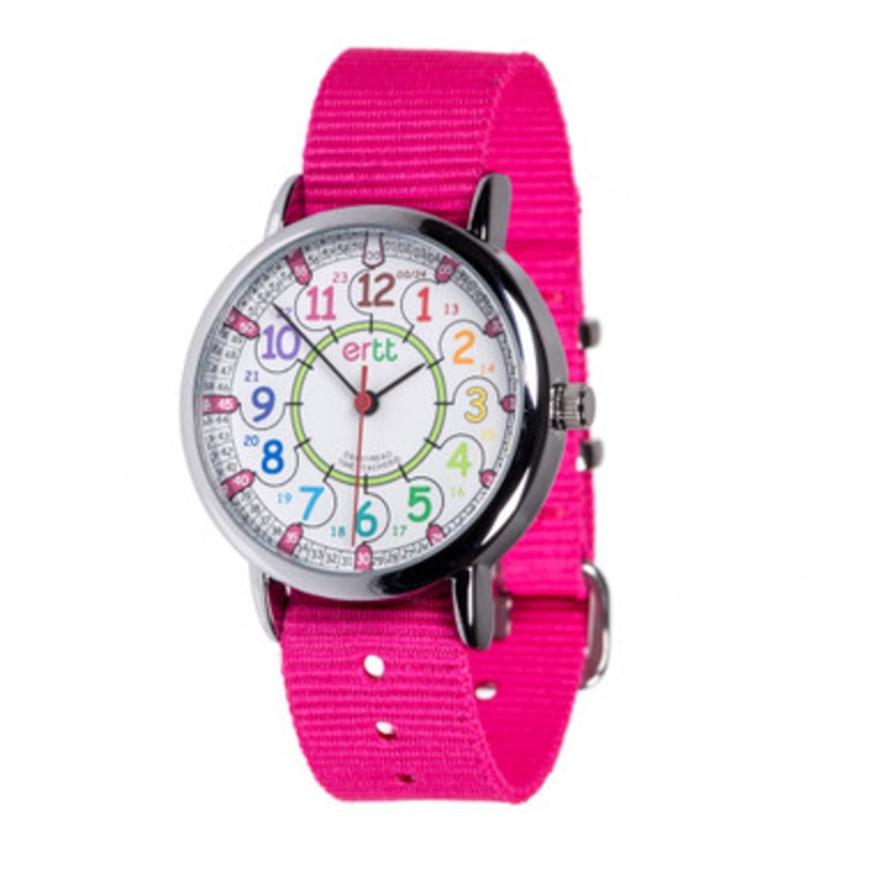 EasyRead Time Teacher 12/24 Hour Watch –  Rainbow Face with Pink Strap
