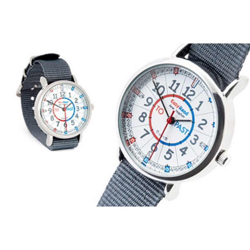 EasyRead Time Teacher Past & To Watch –  Red & Blue Face with Grey Strap