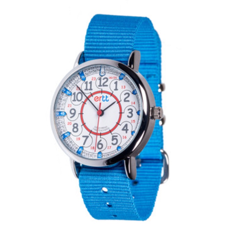 EasyRead Time Teacher 12/24 Hour Watch – Red/Blue Face with Sky Blue Strap