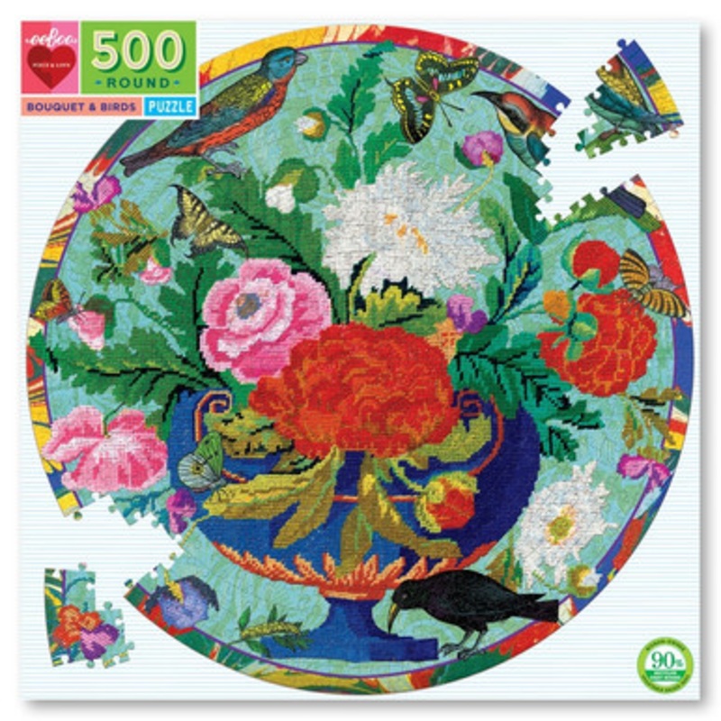 eeBoo 500pc Round Puzzle – Bouquet & Birds